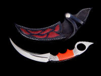 "Raptor" Kerambit in 440C high chromium stainless steel blade, hand-engraved 304 stainless steel bolsters, Red River Jasper gemstone handle, Red Stingray skin inlaid in hand-carved leather sheath