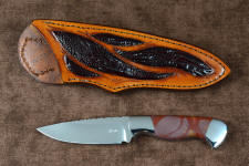 "Secora" obverse side view in T3 deep cryogenically treated 440C high chromium martensitic stainless steel blade, 304 stainless steel bolsters, Mookaite Jasper gemstone handle, hand-carved leather sheath inlaid with burgundy ostrich leg skin