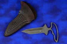 "Shrike" Custom  Push/Punch knife, obverse side view in T4 cryogenically treated CPM 154CM high molybdenum powder metal stainless steel blade, sheath in hand-tooled bison brown basketweave leather, nylon, stainless steel