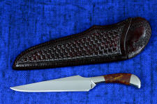 "Sonoma" professional chef's knife, obverse side view in 440C high chromium stainless steel blade, 304 stainless steel bolsters, Pilbara Picasso Jasper gemstone handle, hand-tooled burgundy leather shoulder sheath