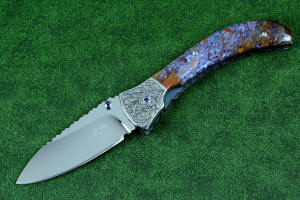 "Starling" fine handmade custom folding knife, obverse side view in high molybdenum stainless steel blade, engraved stainless bolsters, faceted amethyst gemstone accents and Rio Grande Agate handle "Starling" fine handmade custom folding knife, obverse side view in high molybdenum stainless steel blade, engraved stainless bolsters, faceted amethyst gemstone accents and Rio Grande Agate handle