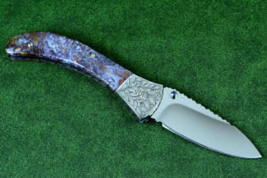 "Starling" fine handmade custom folding knife, reverse side view in high molybdenum stainless steel blade, engraved stainless bolsters, faceted amethyst gemstone accents and Rio Grande Agate handle "Starling" fine handmade custom folding knife, reverse side view in high molybdenum stainless steel blade, engraved stainless bolsters, faceted amethyst gemstone accents and Rio Grande Agate handle