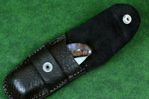 "Starling" fine handmade custom folding knife, sheathed view in open American Bison Skin and leather sheath "Starling" fine handmade custom folding knife, sheathed view in open American Bison Skin and leather sheath