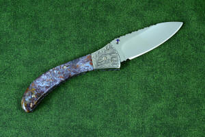 "Starling" fine handmade custom folding knife, reverse side view in high molybdenum stainless steel blade, engraved stainless bolsters, faceted amethyst gemstone accents and Rio Grande Agate handle "Starling" fine handmade custom folding knife, reverse side view in high molybdenum stainless steel blade, engraved stainless bolsters, faceted amethyst gemstone accents and Rio Grande Agate handle