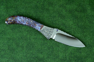 "Starling" fine handmade custom folding knife, reverse side view in high molybdenum stainless steel blade, engraved stainless bolsters, faceted amethyst gemstone accents and Rio Grande Agate handle "Starling" fine handmade custom folding knife, reverse side view in high molybdenum stainless steel blade, engraved stainless bolsters, faceted amethyst gemstone accents and Rio Grande Agate handle