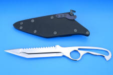 "Synan" counterterrorism knife knife in N360 nitrogen passivated tool steel blade, sheath of kydex, anodized 5052H32 aluminum welt frame, blackened and passivated 304 stainless steel hardware and fixtures, anodized 6AL4V titanium