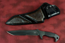 "Taranis" tactical counterterrorism knife, obverse side view, bison skin inlaid in heavy leather shoulder sheath