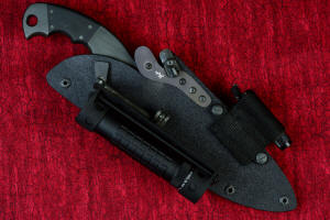 Torvus" Counterterrorism Tactical Knife, sheathed view, with HULA and LIMA accessories mounted in T4 cryogenically treated CPMS30V  powder metal technology high vanadium martensitic stainless steel blade, 304 stainless steel bolsters, Black G10 fiberglass/epoxy composite handle, hybrid tension tab-locking sheath in kydex, anodized aluminum, stainless steel, titanium