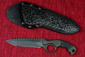 Torvus" Counterterrorism Tactical Knife, obverse side view with leather sheath in T4 cryogenically treated CPMS30V  powder metal technology high vanadium martensitic stainless steel blade, 304 stainless steel bolsters, Black G10 fiberglass/epoxy composite handle, hybrid tension tab-locking sheath in kydex, anodized aluminum, stainless steel, titanium