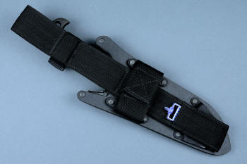 "Utamu" Custom Crossover, Survival, Tactial knife, mounted reverse side UBLX view in T4 cryogenically treated CPM 154CM powder metal high molybdenum martensitic stainless steel blade, 304 stainless steel bolsters, blue/black G10 compos000ite handle, positively locking sheath of kydex, anodized aluminum, black oxide stainless steel, anodized titanium