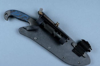 "Utamu" Custom Crossover, Survival, Tactial knife, mounted HULA and LIMA accessory view in T4 cryogenically treated CPM 154CM powder metal high molybdenum martensitic stainless steel blade, 304 stainless steel bolsters, blue/black G10 compos000ite handle, positively locking sheath of kydex, anodized aluminum, black oxide stainless steel, anodized titanium