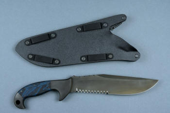 "Utamu" Custom Crossover, Survival, Tactial knife, reverse side view in T4 cryogenically treated CPM 154CM powder metal high molybdenum martensitic stainless steel blade, 304 stainless steel bolsters, blue/black G10 compos000ite handle, positively locking sheath of kydex, anodized aluminum, black oxide stainless steel, anodized titanium