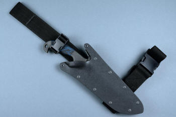 "Utamu" Custom Crossover, Survival, Tactial knife, obverse side EXBLX detail view  in T4 cryogenically treated CPM 154CM powder metal high molybdenum martensitic stainless steel blade, 304 stainless steel bolsters, blue/black G10 compos000ite handle, positively locking sheath of kydex, anodized aluminum, black oxide stainless steel, anodized titanium