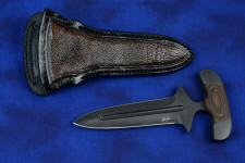 "Vindicator" push/punch counterterrorism tactical defensive dagger: obverse side view. Sheath is buffalo skin inlaid in thick, heavy leather shoulder