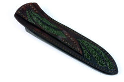 Sheath back and belt loop detail of "Zeta" fine handmade custom knife in T3 cryogenically treated ATS-34 high molybdenum stainless steel blade, 304 stainless steel bolsters, Indian Green Moss Agate gemstone handle, hand-carved leather sheath inlaid with green rayskin