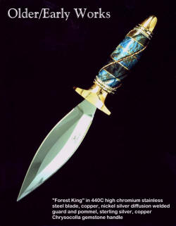 "Forest King" dagger in 440C high chromium stainless steel blade, Copper, nickel silver diffusion welded guard and pommel, Chrysocolla gemstone, copper, sterling silver handle