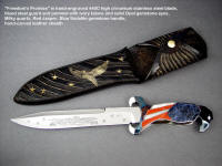 "Freedom's Promise" in hand-engraved 440C stainless steel blade, blued steel guard and pommel with ivory and solid opals, inlaid handle of nickel silver, milky quartz, red jasper, blue sodallite gemstone, hand-carved leather sheath