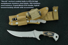 "Ghroth" Tactical, combat, counterterrorism knife, obverse side view in ATS-34 high molybenum stainless steel blade, 304 stainless steel bolsters, coyote brown, black G10 composite handle, hybrid tension-locking sheath with full accessory package