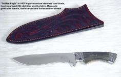 "Golden Eagle" ATS-34 high molybdenum stainless steel blade, hand-engraved 304 stainless steel bolsters, Marcasite and Jasper gemstone handle, hand-carved leather sheath