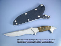 "Halius" obverse side view; tactical combat knife in 440c high chromium stainless steel blade, 304 stainless steel bolsters, Tiger Stripe G10 fiberglass-reinforced epoxy handle, locking kydex, aluminum, stainless steel combat sheath