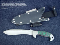 "Hania" obverse side view  in ATS-34 high molybdenum stainless steel blade, 304 stainless steel bolsters, canvas reinforced green, black Micarta phenolic, locking sheath in kydex, aluminum, stainless steel with accessories