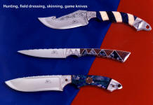 An unusual group of gemstone mosaic and inlaid handle knives with hunting roots