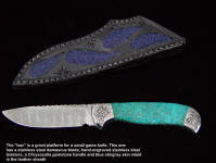 A very fine Chrysocolla "Izar" features a stainless steel damascus blade and a great drop point shape for numerous hunting and utility cutting chores