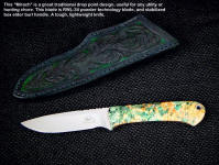 This "Mirach" features a very stout exotic stainless steel blade and stabilized burl hardwood handle