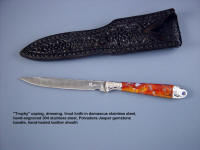 This beautiful "Trophy" caping knife has a stainless steel damascus blade and jasper gemstone handle