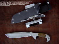 "Imamu" obverse side view in ATS-34 high molybdenum stainless steel blade, 304 stainless steel bolsters, tiger stripe G10 fiberglass/epoxy composite handle, locking kydex, aluminum, stainless steel sheath with ultimate belt loop extender, diamond sharpener, firesteel/magnesium fire starter, HULA flashlight holder with XL series Maglite