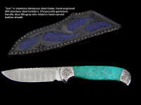 "Izar" obverse side view in stainless steel damascus blade, hand-engraved 304 stainless steel bolsters, Chrysocolla gemstone handle, blue stingray skin inlaid in hand-carved leather sheath