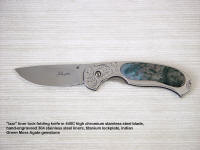 Izar folding knife: 440C stainless steel blade, hand-engraved 304 stainless steel liners, Indian Green Moss Agate Gemstone handle, 6AL4V titanium lockplate