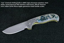 "Izar" liner lock folding knife, obverse side view in 440C high chromium stainless steel blade, hand-engraved 304 stainless steel liners, 6AL4V anodized titanium lockplate, handle inalys of Indian Green Moss Agate gemstone