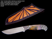 "Izar" in twist pattern stainless steel damascus blade, hand-engraved carbon steel bolsters, Peitersite agate gemstone handle, Shark skin inlaid in hand-carved leather sheath