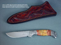 "Izar" obverse side view, knife in 440C high chromium stainless steel blade, hand-engraved 304 stainless steel bolsters, Sunset Jasper gemstone handle, hand-carved leather sheath