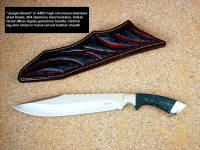"Jungle Bowie" investment, collector's, working knife in 440C stainless steel, 304 stainless bolsters, Indian Green Moss Agate gemstone handle, ostrich leg skin inlaid in hand-carved leather sheath