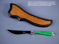 Investment grade collector's knife: "Kineau" in mirror finished blued steel blade, black, hand-engraved stainless bolsters, Malachite (Congo) gemstone handle, caiman skin inlaid sheath