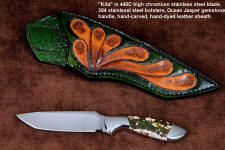 "Kita" obverse side view in 440C high chromium martenstic stainless steel, cryogenic treatment, 304 stainless steel bolsters, Ocean Jasper gemstone handle, hand-carved, hand-dyed leather sheath
