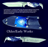 "Last Chance" Marshal's Law Enforcement knife in etched stainless steel blade, 304 stainless steel bolsters, Sodalite gemstone handle, engraved aluminum flashplate on tension kydex, aluminum, steel sheath