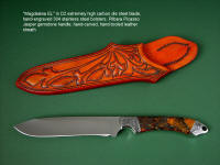 "Magdalena Magnum" obverse side view in D2 extremely high carbon die steel blade, hand-engraved 304 stainless steel bolsters, Pilbara Picasso Jasper gemstone handle, hand-carved, hand-tooled leather sheath