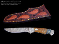 Investment grade collector's knife: "Mizar" in stainless steel damascus blade, Pietersite gemstone handle, lizard skin inlaid leather sheath