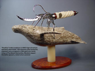 "Pacifica" knife sculpture in stainless steel, ivory, gemstone, hand-carved alabaster, hardwood
