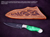 "Nekkar" fine handmade knife in blued steel blade, Malachite gemstone, nickel silver bolsters, hand-carved leather sheath. Knife is suitable for daily carry and collection