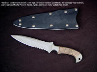 "Nemean" tactical combat knife, obverse side view: 440C high chromium stainless steel blade, 304 stainless steel bolsters, coarse canvas micarta phenolic handle, kydex, aluminum, nickel plated steel sheath