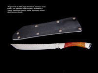 "Nightwind" tanto tactical knife, obverse side view in 440C high chromium stainless steel blade, 304 stainless steel bolsters, New Mexico Jasper gemstone handle, kydex, aluminum, blued steel sheath