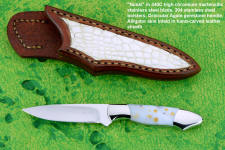 "Nunki" obverse side view in 440C high chromium stainless steel blade, 304 stainless steel bolsters, Orbicular Agate gemstone handle, Alligator skin inlaid in hand-carved leather sheath