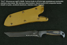 "PJLT" (Pararescue LighT) CSAR, Tactical knife in ATS-34 high molybdenum stainless steel blade, 304 stainless steel bolsters, coyote/black G10 composite handle, locking sheath in kydex, anodized aluminum, stainless steel, titanium