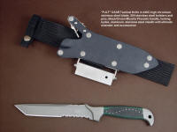 "PJLT" custom handmade tactical CSAR knife, obverse side view in 440c high chromium stainless steel blade, 304 stainless steel bolsters, green and black micarta phenolic handle, locking kydex, aluminum, stainless steel sheath with ultimate belt loop extender and accessories