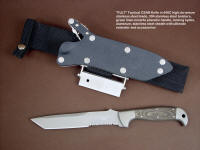 "PJLT" CSAR tactical knife, obverse side view in 440C high chromium stainless steel blade, 304 stainless steel bolsters, green linen micarta phenolic handle, locking kydex, aluminum, stainless steel sheath with ultimate extender and accessory package
