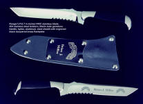 Ranger's PJLT tactical combat knife in etched 440C stainless steel blade, 304 stainless steel bolsters, black jade gemstone handle, tension kydex, aluminum, steel sheath 